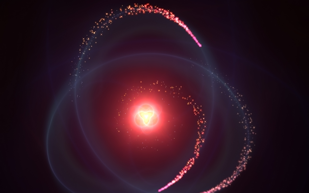 Lyspartikler i bane rundt lysende kjerne, illustrasjon som assosieres med partikkelfysikk.