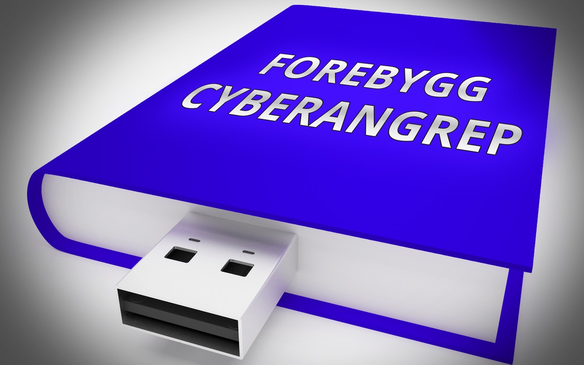 Blå bok med USB-utgang og påskriften Forebygg cyberangrep