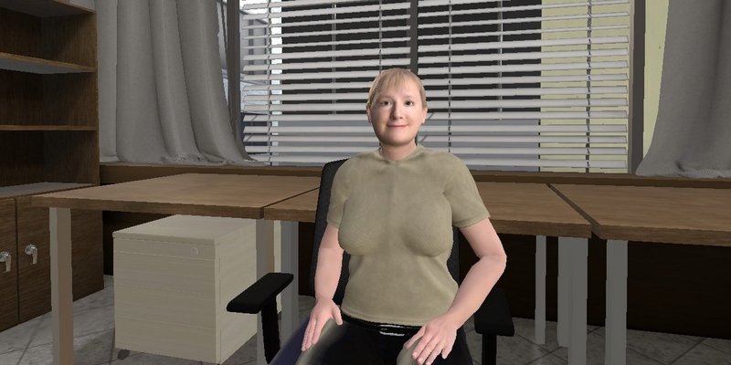 Illustrasjon som viser faglig forelesers digital tvilling - kvinne i kontorlandskap.