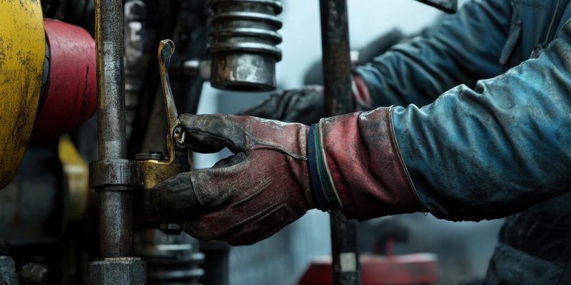 To hender med arbeidshansker som er svarte av smurning og slitasje jobber på et industrianlegg.
